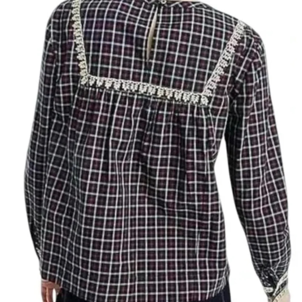 NWT J.Crew Embroidered in Gold Holiday Plaid Peasant Blouse Top PXS